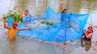 Village style net fishing and cooking  village fishing video  Prawn fish catch and cook [upl. by Arreit]