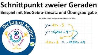 Schnittpunkt von zwei Geraden berechnen und mit GeoGebra überprüfen Beispiel mit Übungsaufgabe [upl. by Trinetta]