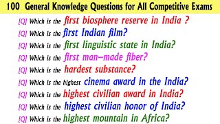 100 General Knowledge Questions for All Competitive Exams  India Gk  India Gk In English [upl. by Roxine513]