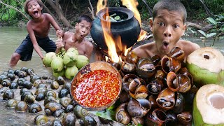 Primitive Technology  Kmeng Prey  Cooking Snails With Coconut [upl. by Mayman630]