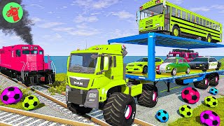 Double Flatbed Trailer Truck vs Speedbumps Train vs Cars  Tractor vs Train BeamngDrive [upl. by Lawson596]