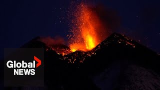 Italys Mount Etna erupts puts on spectacular show at dawn [upl. by Oigile83]