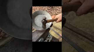 Hand riveting a hand forged handle to the forged skillet pan blacksmithing anvil forging [upl. by Hendrick]