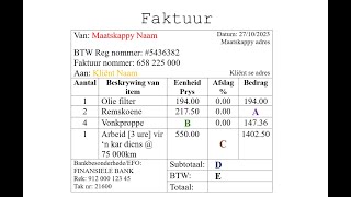 Faktuur voorbeeld  Wisk Gelet Gr11 amp12 [upl. by Ihsir]