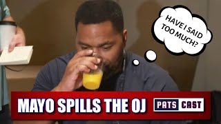 Patriots HC Jerod Mayo Reveals He Likes 5 NFL Draft QBs Spills Orange Juice [upl. by Oiluj687]