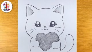 Cute cat holding big love pencil drawing  animals drawing  how to draw​⁠Taposhikidsacademy [upl. by Bander528]