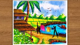 village scenery drawing step by step ll simple scenery drawing [upl. by Iaw]