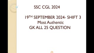 SSC CGL 19 September shift 3 GK questions review and analysis [upl. by Firestone]