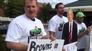 Critics bring Scott Brown cardboard cutout to Derry NH [upl. by Norina]