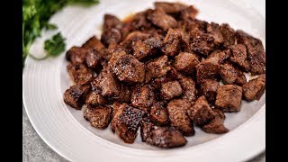 BUTTERY GARLIC STEAK BITES RECIPE  QUICK amp EASY KETO FRIENDLY RECIPE [upl. by Nahtanohj851]