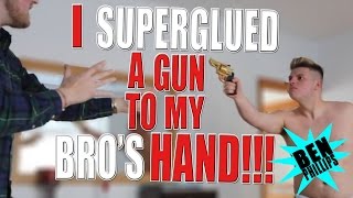 I superglued a gun to my bros hand PRANK [upl. by Enitsirk]