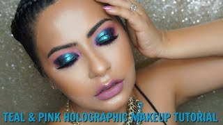 Teal and Pink Holographic Eye Makeup Tutorial [upl. by Eissoj]