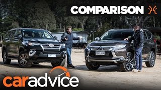 Comparison Toyota Fortuner GXL v Mitsubishi Pajero Sport  CarAdvice Drive [upl. by Lemmuela]