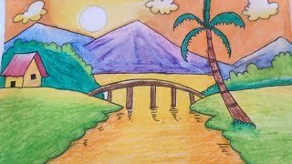 How to Draw Beautiful Mountain Lake  Easy Scenery Drawing [upl. by Lovmilla]