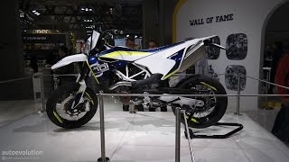 2015 Husqvarna 701 Supermoto with an Akrapovic exhaust live EICMA Motorcycle Show Mega Gallery [upl. by Ydnes]