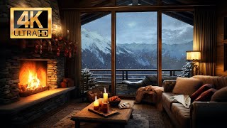 Cozy Winter Cabin Ambience ☃️ Mountain View 🎄 Sleeping Cat and Fireplace [upl. by Baudoin]