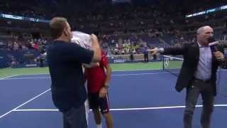 Novak Djokovic dances with a fan at US Open [upl. by Suoicerpal]