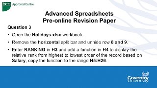 ECDL Coventry University Advanced Spreadsheets Preonline Revision Paper Question 3  Rank Function [upl. by Nnylf]