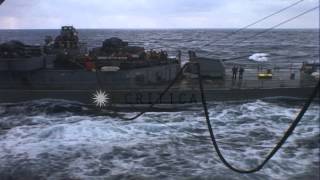 Men on sponson deck area preparing for refueling of USS OBannon in Sea of Japan HD Stock Footage [upl. by Astrid414]