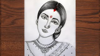 Bengali Bride easy Drawing  Black and white Bridal drawing  Woman drawing with easy steps [upl. by Belden]