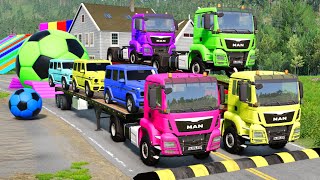 Double Flatbed Trailer Truck vs Speedbumps Train vs Cars Tractor vs Train Beamng Drive 087 [upl. by Osric]