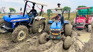 3 tractor Pulling together Mahindra Arjun NOVO 605 di 4wd Stuck in Mud Eicher 485  New Hollad 5500 [upl. by Emlynn916]