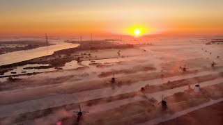 Zonsopkomst bij molens Kinderdijk en De Schans in de nevel  drone 4K [upl. by Emanuele597]