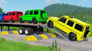 Flatbed Trailer Cars Transportation with Truck  Car vs Speed Bump 012  BeamNGDrive [upl. by Wentworth]