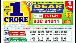 Lottery Result Today 1pm 14112024  Official  Nagaland Lottery [upl. by Nnylireg]