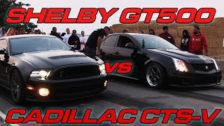 Cadillac CTSV vs 14 GT500  HeadsUp Muscle Shootout Race 2 [upl. by Gilbye]