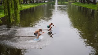 Professional Skimboarders Attempt to Cross 100ft Canal [upl. by Ttenyl]