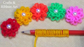 Super Easy Woolen Flower Making Ideas with Pencil  Hand Embroidery Amazing Trick  DIY Yarn Flowers [upl. by Stearn]