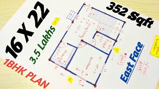 16 X 22 HOUSE PLAN1BHK BUILDING DRAWING352 Square Feet HOME DESIGN EAST FACE MAKAN [upl. by Gaeta]