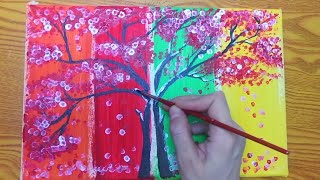 Red Tree and Four Seasons painting  Acrylic Painting Techniques step by step  Hashumy Art [upl. by Ynafetse361]