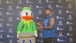 Colts DT DeForest Buckner brought Tyquan Lewis dressed as the Oregon Duck into the media room aft [upl. by Treiber191]