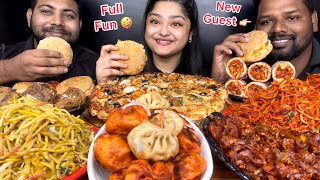 MUKBANG WITH A NEW GUEST🙏🏼 STREET FOOD PARTY PIZZA BURGER NOODLES MOMOS SHAWARMA EATING SHOW [upl. by Jeffie]