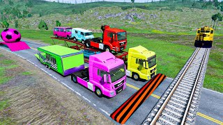 Double Flatbed Trailer Truck vs Speedbumps Train vs Cars  Tractor vs Train BeamngDrive 157 [upl. by Blanc]