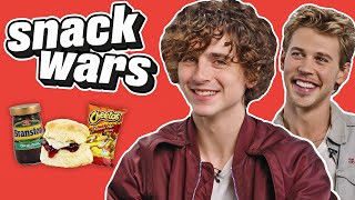 Timothée Chalamet and Austin Butler Rate British Food  Snack Wars [upl. by Anilram]