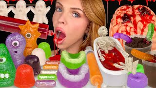 ASMR MUKBANG Halloween Treats Edible Blood Worms N Dirt Marzipan Monsters Brain Jello Food 먹방 [upl. by Airtemad]