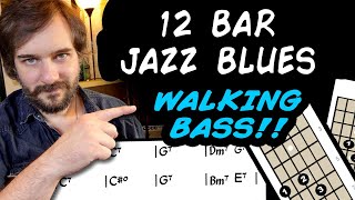 Walking Bass in Blues Comping  Step by Step  12 Bar Blues Walking Bass  Jazz Blues Guitar Lesson [upl. by Bounds]