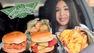 Wingstop NEW Chicken Sandwich Hot amp Lemon Pepper Cheese Fries Garlic Parmesan Corn MUKBANG [upl. by Dnilazor]