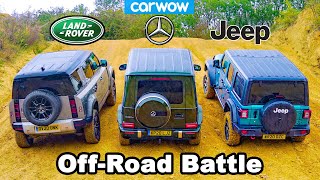 Defender v Mercedes G350 v Wrangler  Uphill DRAG RACE amp Offroad BATTLE [upl. by Sylvia]