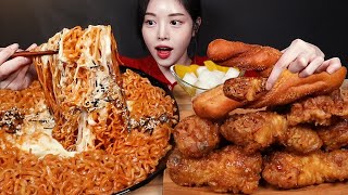 SUB치즈 불닭볶음면에 단짠바삭 허니콤보 치킨 먹방 교촌 순살 콘치즈 꽈배기까지 꿀조합 리얼사운드 Chicken amp Buldak Noodles Mukbang Asmr [upl. by Nena]