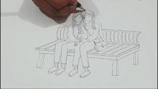 How to draw best friends sitting together on a bench Pencil sketch Tutorial [upl. by Saum]