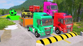 Flatbed Trailer Truck Potholes Transport Car Portal Trap Rescue  Cars vs Speed Bumps  BeamNGdrive [upl. by Gifferd]