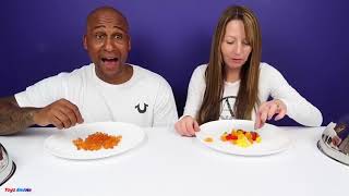 Giant Gummy Worm VS Warheads VS Gross Real Food Candy Challenge Parents Edition [upl. by Nylaehs]