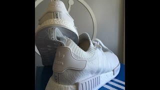 adidas NMD R1 Primeknit White Unboxing amp Review [upl. by Zetniuq568]