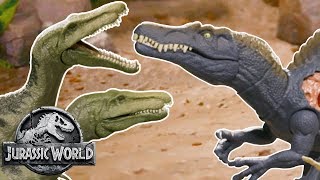 Dino Battles Spinosaurus Vs Baryonx  Jurassic World  Mattel Action [upl. by Gibbeon]