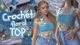 Crochet floral top with butterflies 🦋😍beginner friendly ✨ [upl. by Tav]