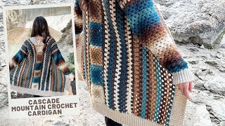 Cascade Mountain Crochet Cardigan  Easy side across construction with granny square panel [upl. by Ailemap]